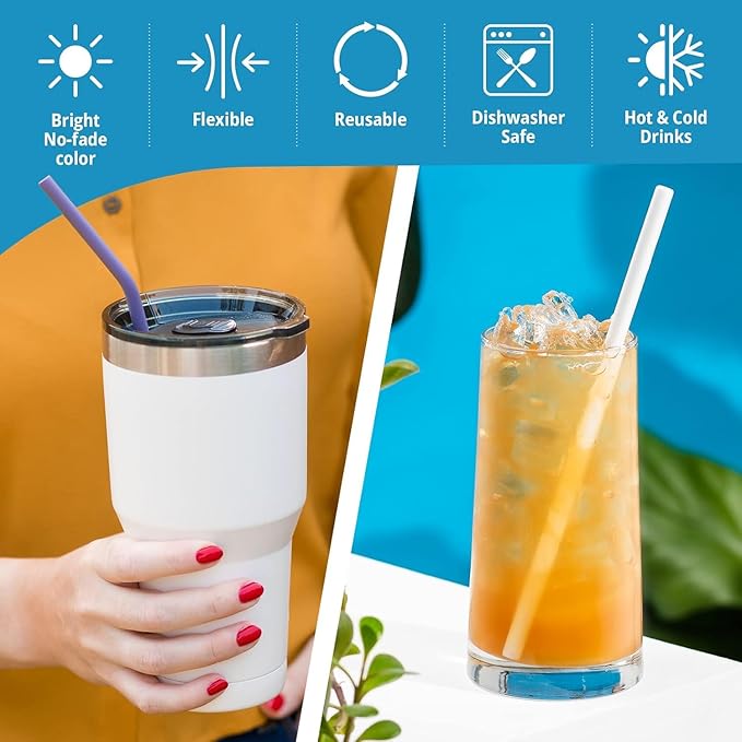 10 Reusable Silicone Drinking Straws + Cleaning Brush, 30 Ounce - 20 Ounce Tumblers Compatible, Dishwasher Safe, Extra Long Straw - Silicone Straws Reusable