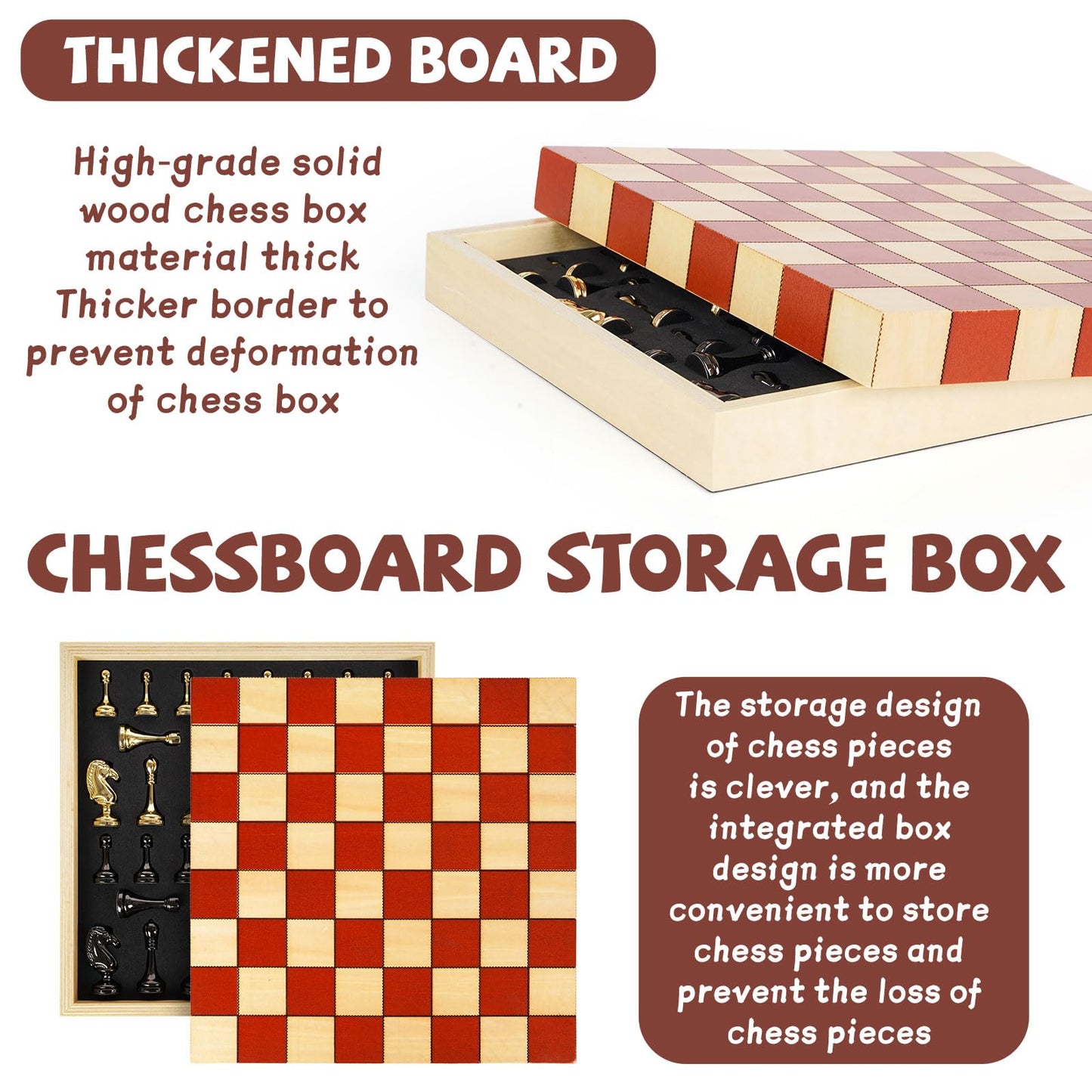 Metal Chess Set – Wooden Chess Board Set Travel Chess Sets,Metal Handcrafted Chessmen, Bonus 2 Extra Queens, Portable Classic Chess Game for Adults Family Board Game