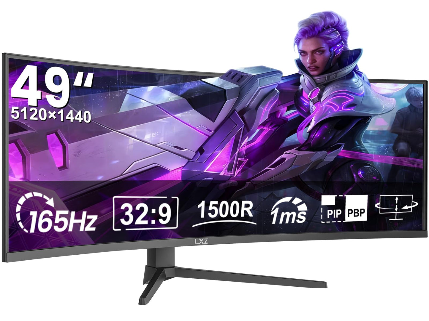LXZ 49.5" Curved Gaming Monitor, 5120x1440 DQHD Ultrawide 32:9, 165Hz, 1ms MPRT, AMD FreeSync Premium, Height/Pivot/Swivel Adjustable, HDMI 2.1 & DP 1.4, VESA 75×75mm Mount Compatible