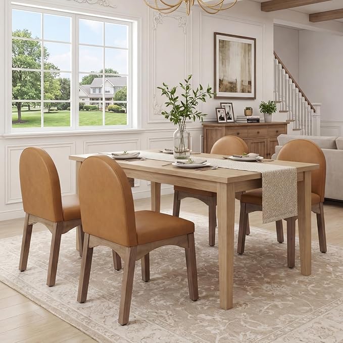 DUOMAY Modern Dining Chairs Set of 4, Mid Century Faux Leather Dining Room Chairs Upholstered Kitchen Chairs with Solid Rubberwood Legs, Armless Accent Side Chairs, Brown