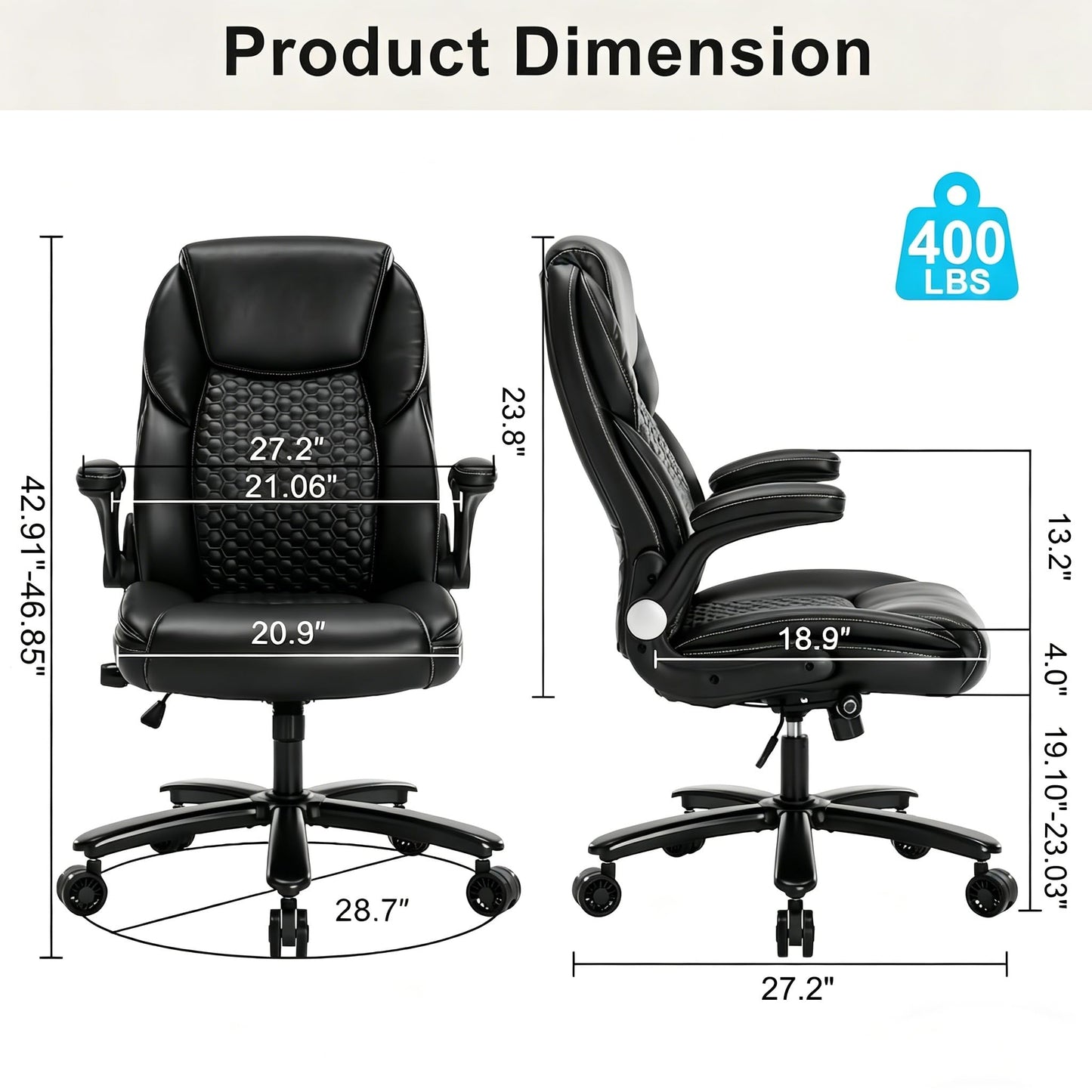 Big and Tall Ergonomic Office Chair, Executive Office Chair with Flip-up Arms, PU Leather Computer Desk Chair, Adjustable Lumbar Support Heavy Duty Space Saving Task Chair
