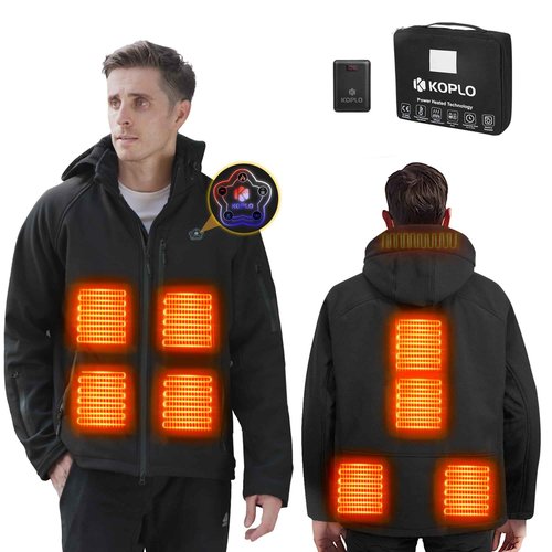 KOPLO Heated Jacket for Men, 14400mAh Battery Pack with Detachable Hood, Waterproof Outdoor Heating Jacket-L