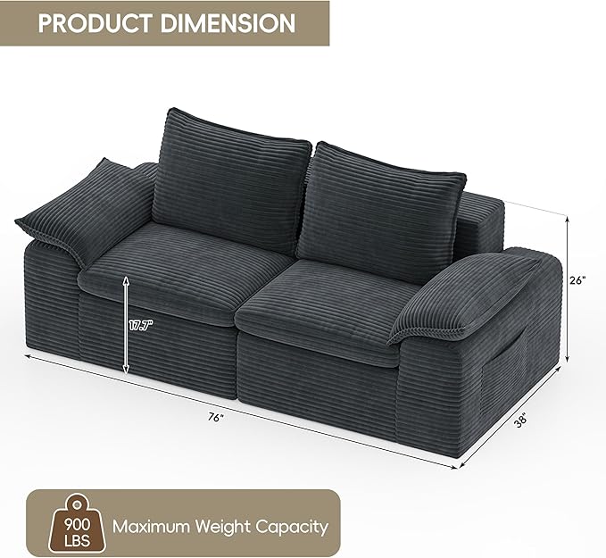 Buytime 76” Comfy Cloud Loveseat Sofa, Convertible Boneless Loveseats for Living Room, Wide 2-Seat Modern Modular Sectional Sofa with Deep Seat, Double-Layer Cloud Cushion and Headrest, Pebble Grey