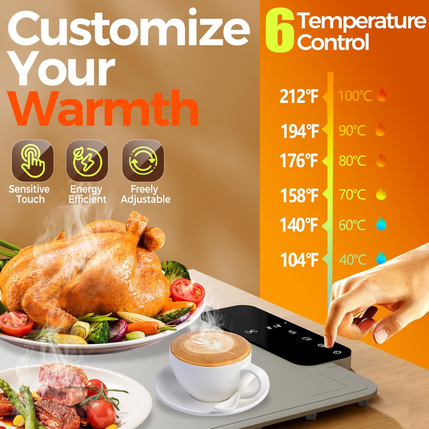 Warming Mat for Food | Dishwasher Friendly,Full-Surface Food Warmer with 6-Mode Adjustable and Timer,Roll-Up & Portable Silicone Food Heating Pad with Child Lock,Electric Warming Tray for Buffet Party