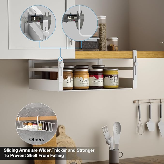 2 Pack Under Shelf Storage Basket Organizer,Adjustable Hanging Under Cabinet Add-on Storage Racks Slide-in Baskets Organizer for Laundry Room Kitchen Pantry Desk Bookshelf, White
