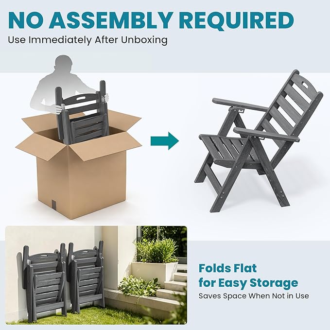 PamapicLife 5-Piece Outdoor Dining Set with Folding Chairs for Outside, All-Weather HDPE Outdoor Table and Chairs with Elegant Armrest, Patio Furniture Sets with Umbrella Hole for Patio, Gray