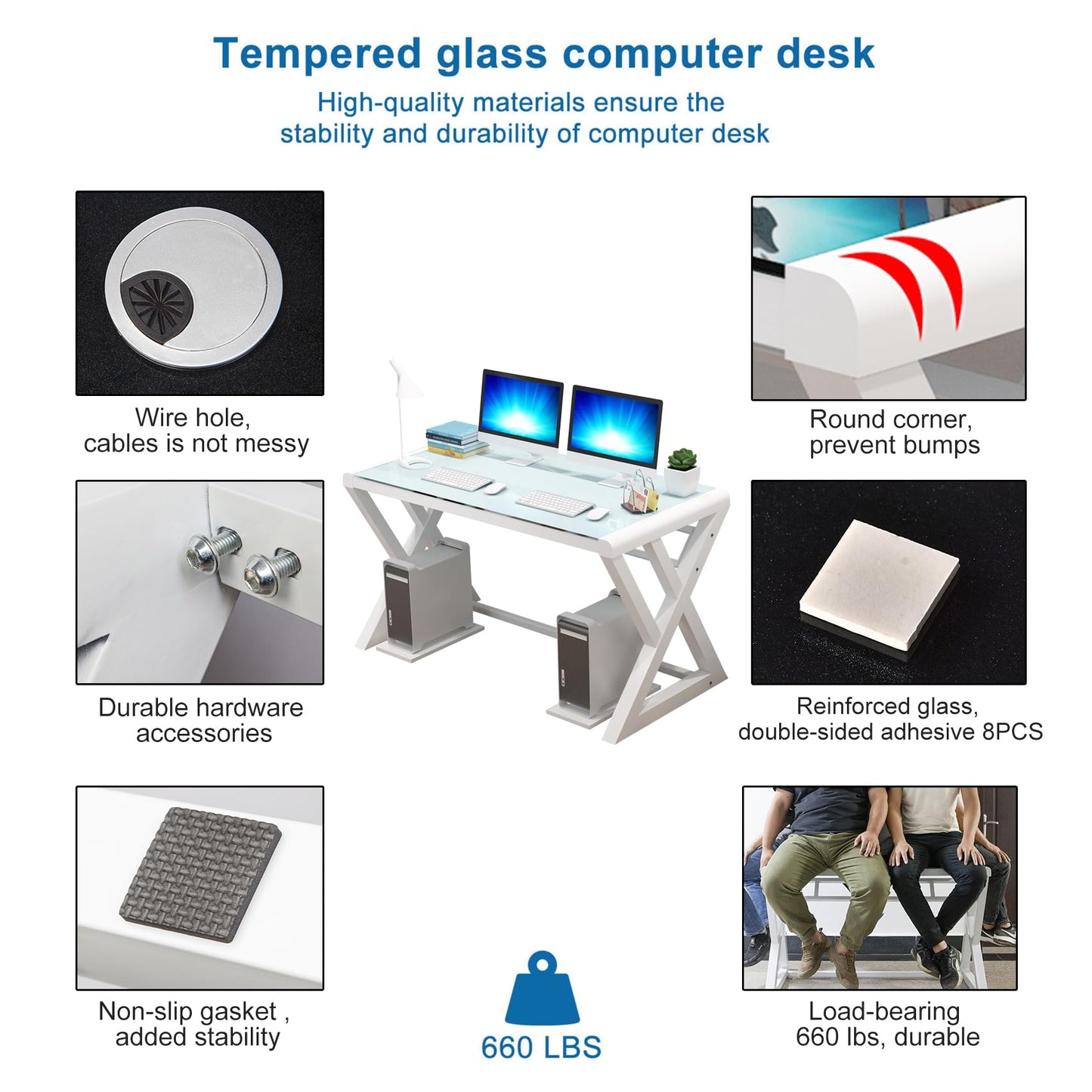 IPKIG Glass Computer Desk, Modern Computer Desk with Carbon Steel Frame and Glass Top, Home Office Desks Computer Table Study Writing Desk Workstation for Living Room (White, 55.1 Inch)