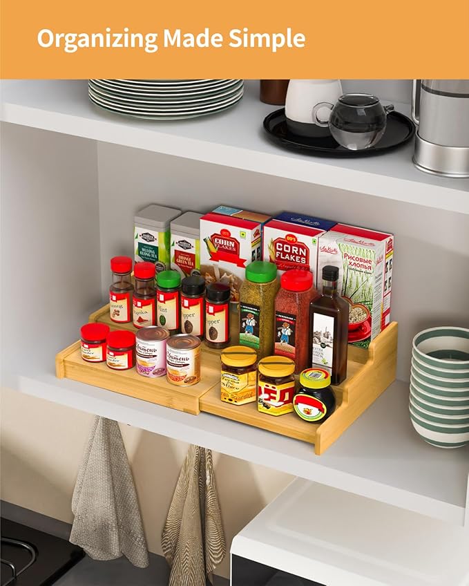 Spice Rack, 3-Tier Expandable Bamboo Spice Rack Organizer for Cabinet, Kitchen, Pantry and Cupboard Storage Organizer(2pack)