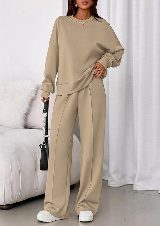 PRETTYGARDEN 2 Piece Sets For Women Fall Trendy Long Sleeve Sweatshirt Wide Leg Pants Loungewear Set Matching Sweatsuit