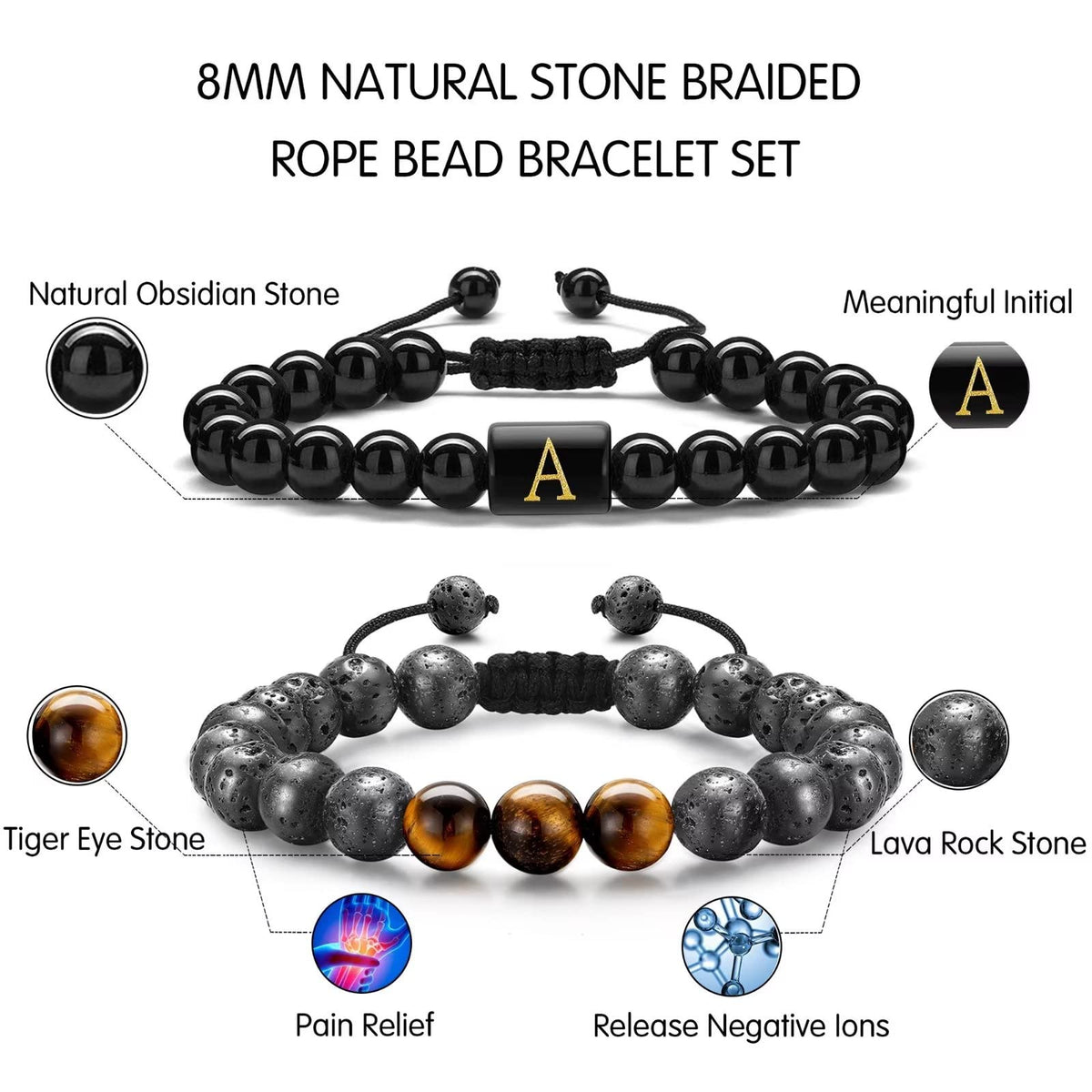 STORUP Bracelets Gifts for Men - Initial Bracelets for Men 8mm Tiger Eye Lava Rock Stone Obsidian Bracelet Handmade Initial M Me