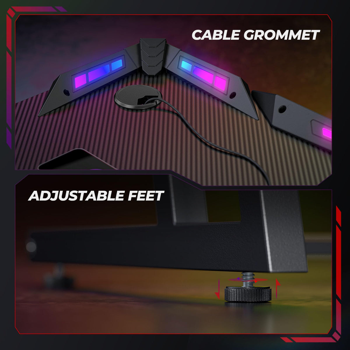 CubiCubi 55 Inch Carbon Fiber Surface Gaming Desk with LED Lights, Z-Shaped Computer Table, Ergonomic Office Desk & PC Workstation with Cable Management, Home Office Desks & Gamer Table, Black