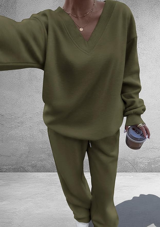 PRETTYGARDEN Casual Winter Two Piece Sets for Women 2026 V Neck Sweatshirt Loose Wide Leg Pants Tracksuit Knit Fall Outfits