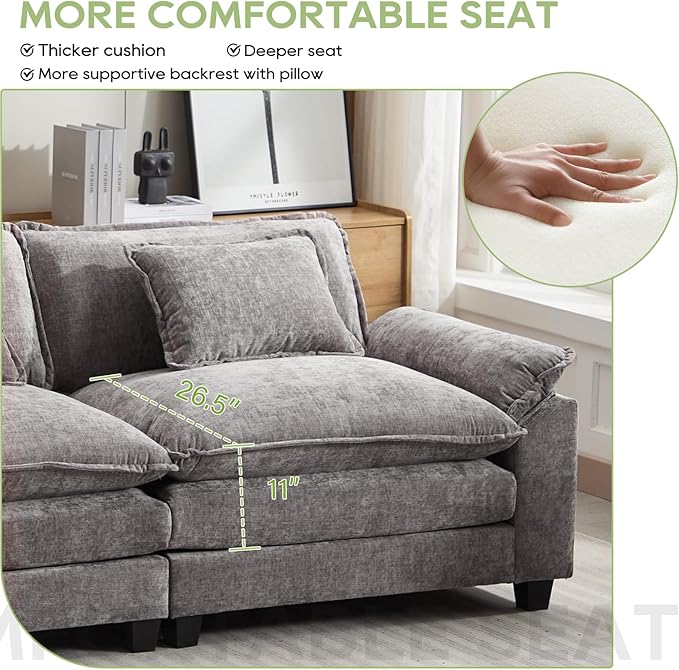 Oprisen 86" Modular Sectional Sofa, Comfy Cloud Couch Sectional Sofa with Ottoman, Chenille Sofa Sleeper Deep Seat Sofa with Throw Pillows for Living Room (Light Gray, 86"- Loveseat)