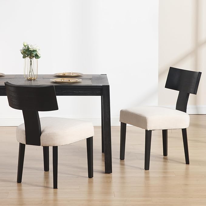DM Furniture Farmhouse Dining Chairs Set of 2, Linen Fabric Upholstered Kitchen Chairs with Black Distressed Wooden Legs, Comfy Armless Side Chairs for Dining Room/Restaurant, Beige-Black Legs