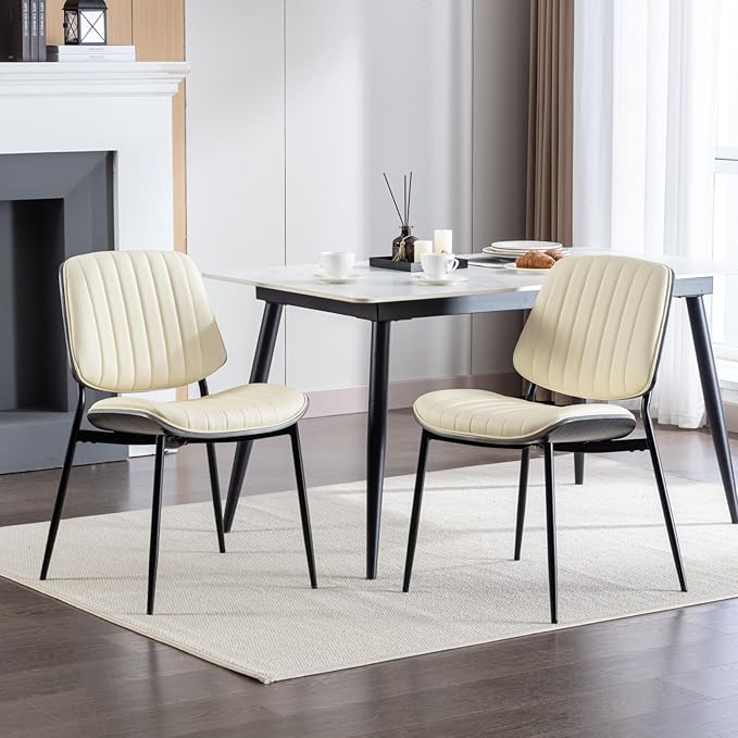 YaFiti Dining Chairs Set of 6, Mid Century Modern Accent Dining Room and Kitchen Chairs, Upholstered PU Leather Vertical Stripe Chairs for Vanity with Walnut Bentwood and Metal Legs, Beige