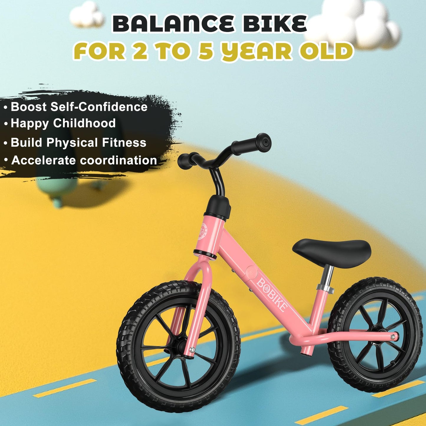 Bobike Toddler Balance Bike Toys for 2 to 5 Year Old Girls Boys Adjustable Seat and Handlebar No-Pedal Training Bike Best Gifts for Kids (Pink)