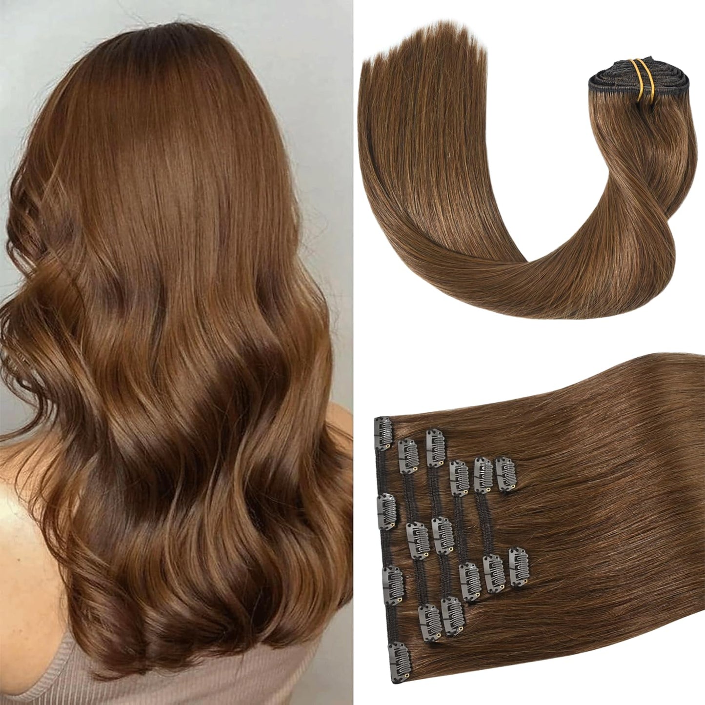 Aison Light Brown Clip in Human Hair Extensions 7pcs Remy Hair 16clips for Women #6 Chestnut Brown Hair Extensions Real Human Ha