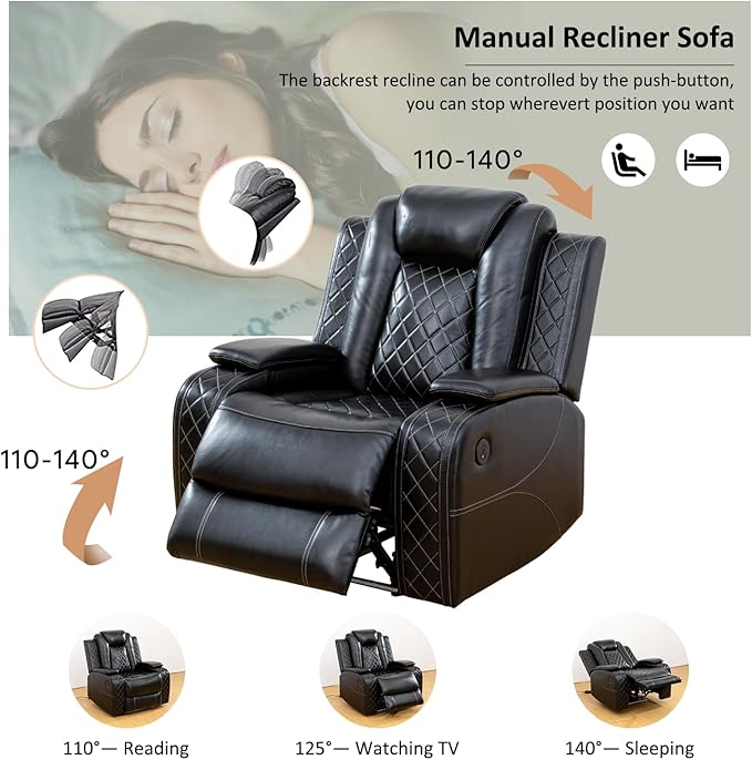 A Ainehome Luxury Furniture Sets Power Recliner Sofa Set Recliner Leather Sofas Loveseat Chair for Living Room Furniture/Small Space/Rv/House/Office/Theater Seating (F-Black,Chair)