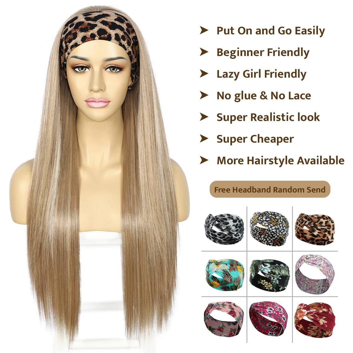 SAPPHIREWIGS Straight Headband Wigs for Women Long Straight Highlight Natural Blonde Synthetic Wigs Heat Resistant Natural Looki