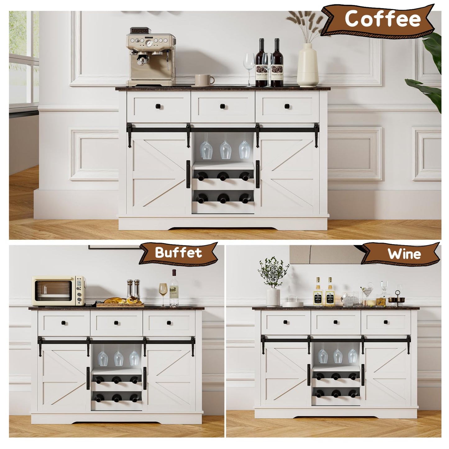 Kmax Farmhouse Wine Bar Cabinet w, 54” Buffet Cabinet with Storage, Rustic White Coffee Bar Cabinet with Sliding Barn Doors, Wine/Glass Rack & 3 Drawers for Living, Dining Room, Black Top