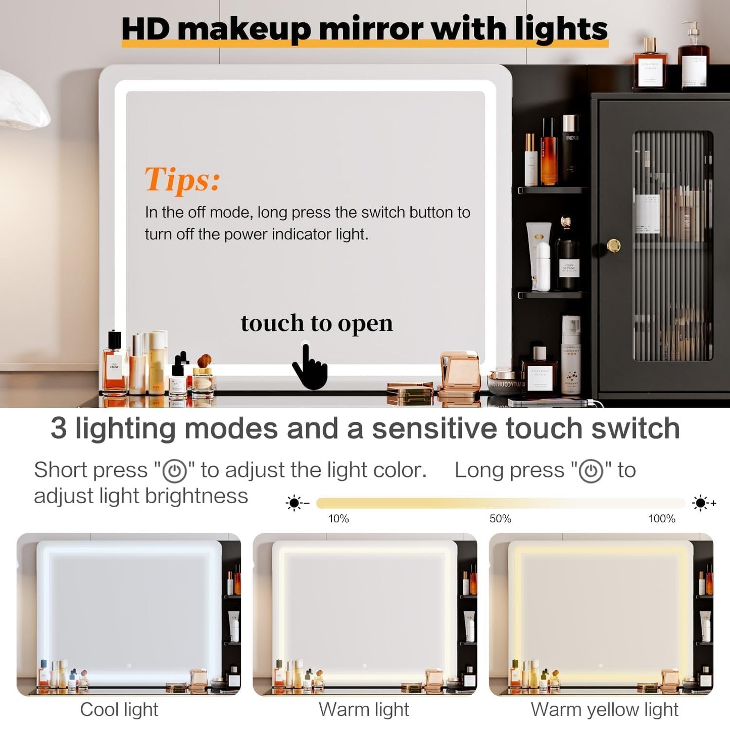 Arulvmrn 47.24" Big Modern Vanity Desk with Mirror and Lights, Vanity Desk with 29.53" HD Lighted Mirror, Makeup Vanity with 5 Drawers and Storage Shelves and Charging Station, Black2