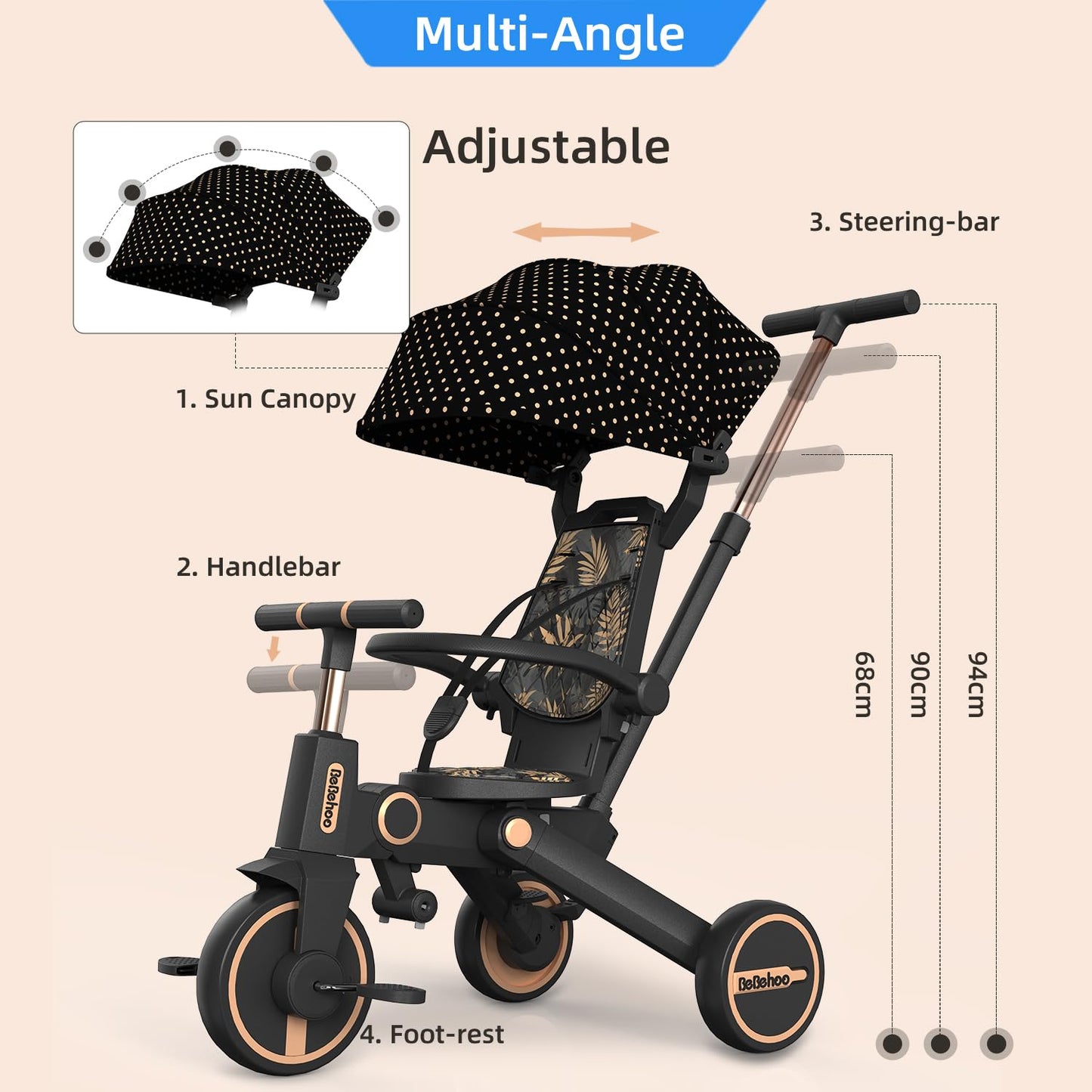 Bebehoo Tricycle Stroller for Toddler,Foldable Baby Tricycle,Kids Balance Bike with Push Handle,Toddlers Stroller Bike with 1 to 5 Years,7-in-1 Push Tricycle Bike for Kids(Gold)