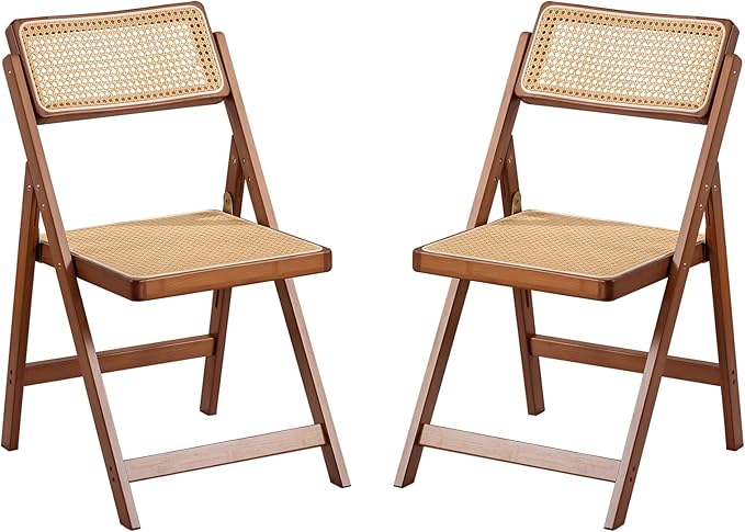 Furlide Rattan Folding Chairs, Modern Mid Century Dining Chairs Set of 2, Outdoor Bamboo Chairs for Bedroom Living Room Reading Room Dining Kitchen, Walnut