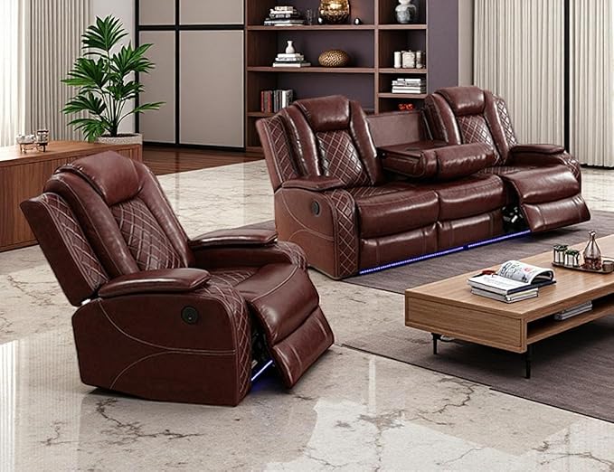 Toseslo Power Recliner Sofa Set with LED Light,Leather Sectional Sofa and Chair Set, Living Room Furniture Sets, Modern Power Reclining Sets with Storage Console for Living Room(Brown)