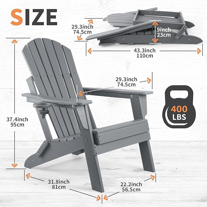 FUNBERRY Folding Adirondack Chair Set of 6, All Weather HDPE Fire Pit Chairs with Cup Holder for Outdoor