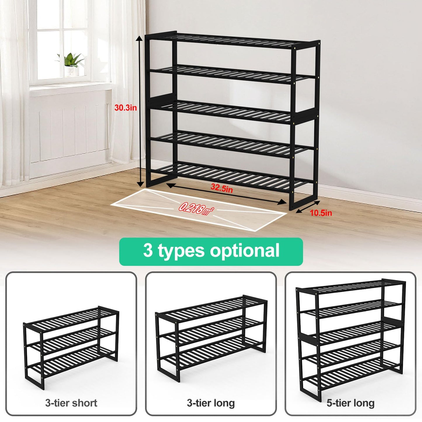 Jripae Shoe Rack Bamboo 5 Tier Shoe Organizer, Storage 20-25 Pairs for Closet Entryway, Stackable Large Tall Shoe Shelf Holder Stand Cubby for Door Hallway Bedroom Garage