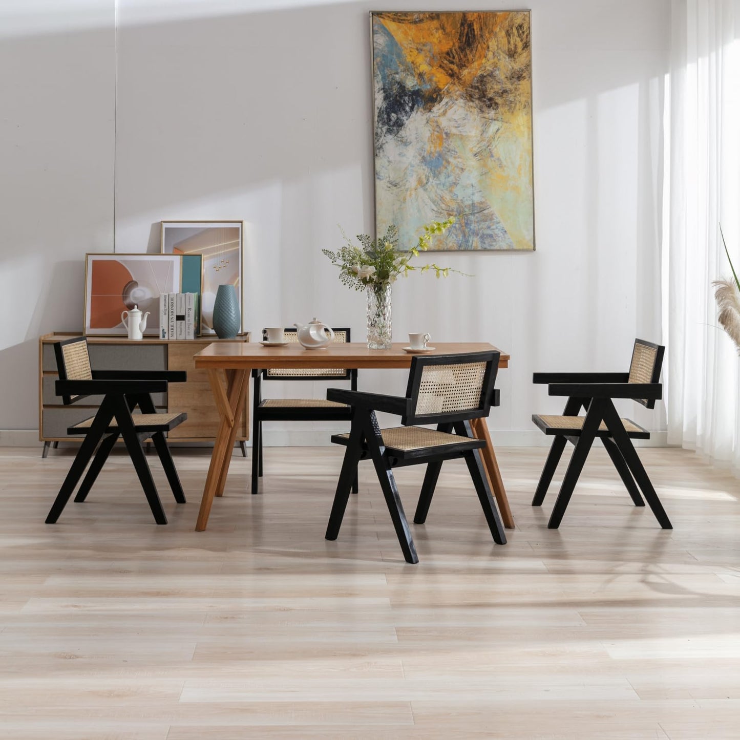 ChicAura Rattan Dining Chairs Set of 4, Mid Century Modern Dining Room Chairs Wicker Armchair Comfy Side Chair Black Wood Boho Kitchen Cane Side Chairs with Arms for Dining Room Bistro