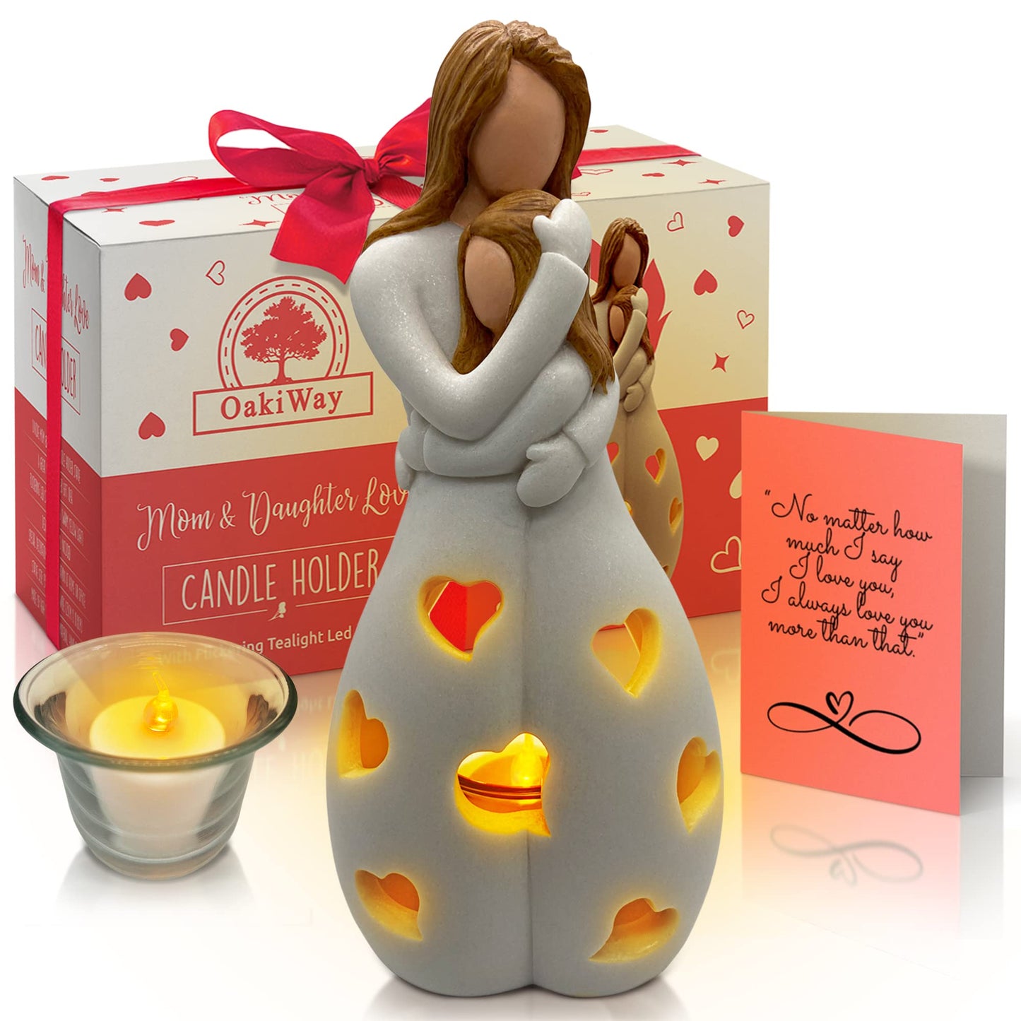 Gifts for Mom from Daughter – Mothers Day Candleholder Statue with Flickering LED Light | Birthday Gift for Mom | Unique Present with Greeting Card | Seasonal Home Décor (Light Brown)