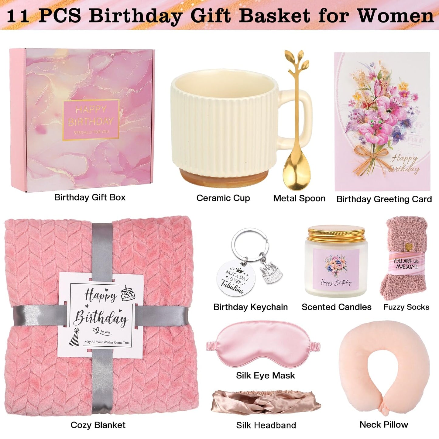 Birthday Gift Basket for Women, Birthday Gifts for Women Friendship Mom Sister Best Friend Her Wife Girlfriend Daughter Aunt Coworker, Unique Self Care Relaxing BD Gift Baskets