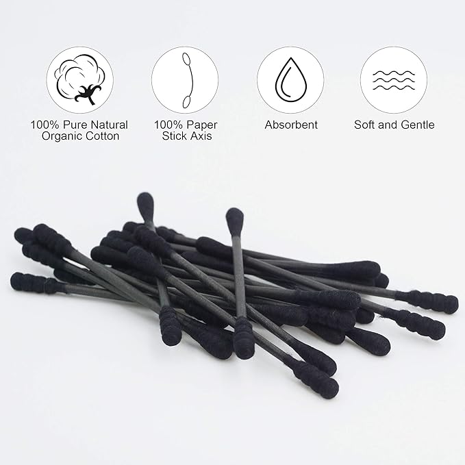 Black Cotton Swabs Spiral - 200 Count Organic Cotton Buds Gothic Bathroom Tightly Wrapped Charcoal Cotton Tips Paper Stick Soft Gentle Cruelty-Free Lint-Free, Round & Spiral (Black)