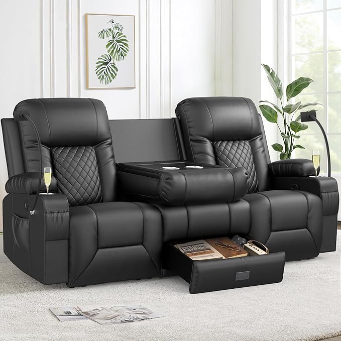 FURNIMAT Loveseat Recliner Sofa, 3 Seater Dual Reclining Sofa with Flip Back Console, Modern PU Leather Loveseat Couch for Living Room/RV, with Storage, USB Ports, Cup Holder, Cell Phone Holder, Black