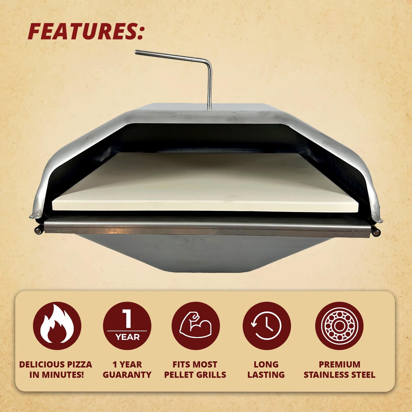 Pellet Grill Pizza Oven Attachment for Wood-Fired Cooking, Fits Traeger, GMG, Pit Boss, Camp Chef, Rec-Tec, Converts Grill to Pizza Oven, 800°F Heat, Stainless Steel