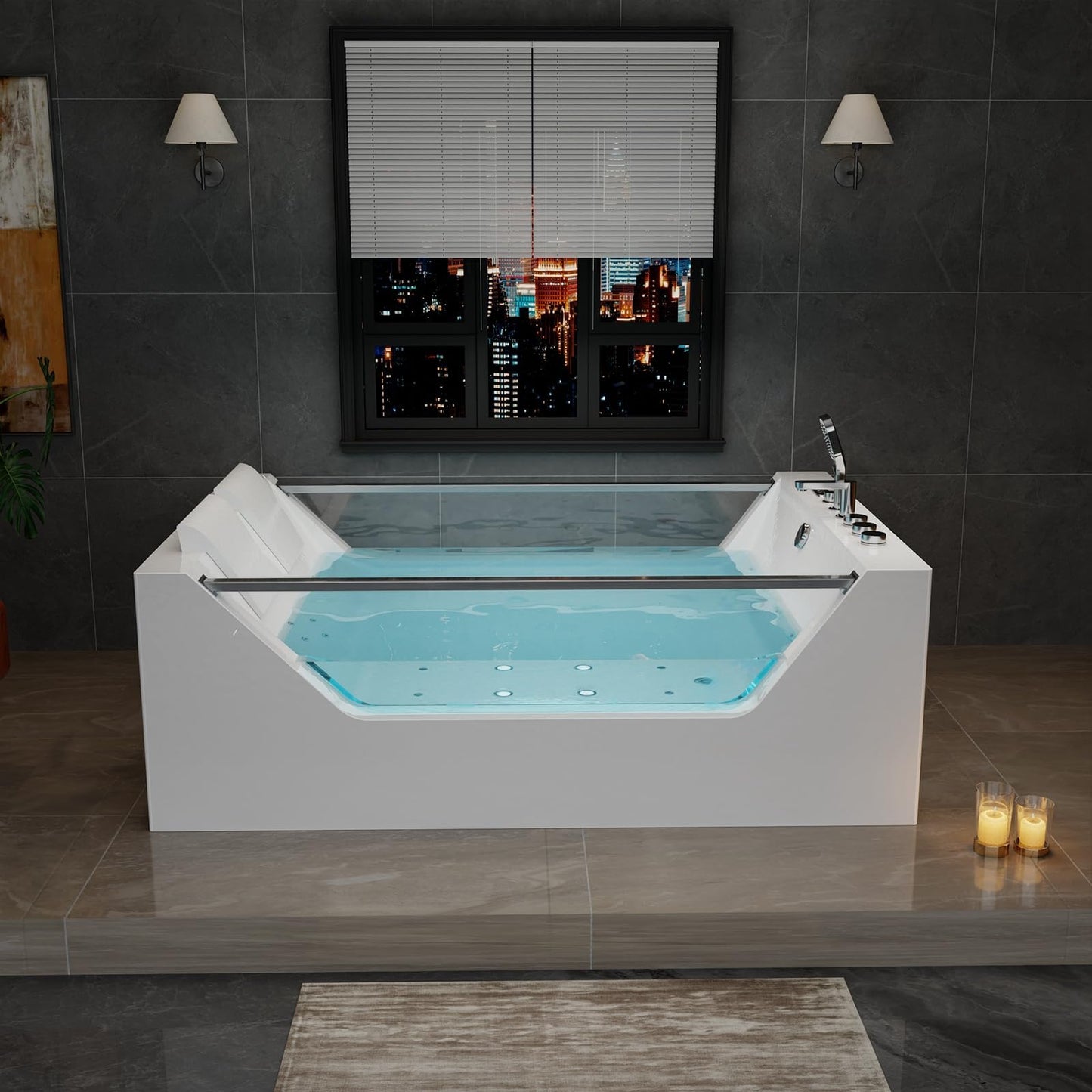 Empava PRO Series Model Jetted Tub, Freestanding Whirlpool Bathtub | 71"x48" Heated Bubble for 2 | Thermostatic Control & Chromotherapy Lighting | White Acrylic (ETL Certified)