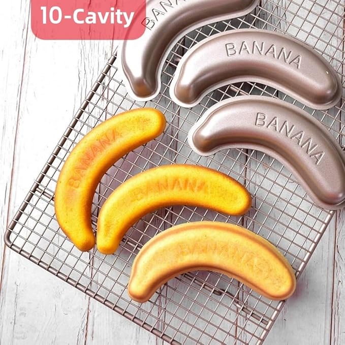 10 Cavity Banana Shape Cake Pan, Carbon Steel Banana Baking Pan Non-Stick Banana Cake Mold Set Funny Fruit Shape Baking Mold Dessert DIY Decoration for Kitchen and Bakery