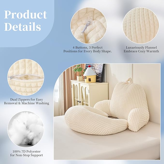 PAJEO Reading Pillow for Bed,U Shaped & Back Support Pillow for Bed,17" Backrest with Lumbar & Arm Support,Comfy Flannel Fabric,Lap Pillow for Gaming/Reading/Watching TV,White