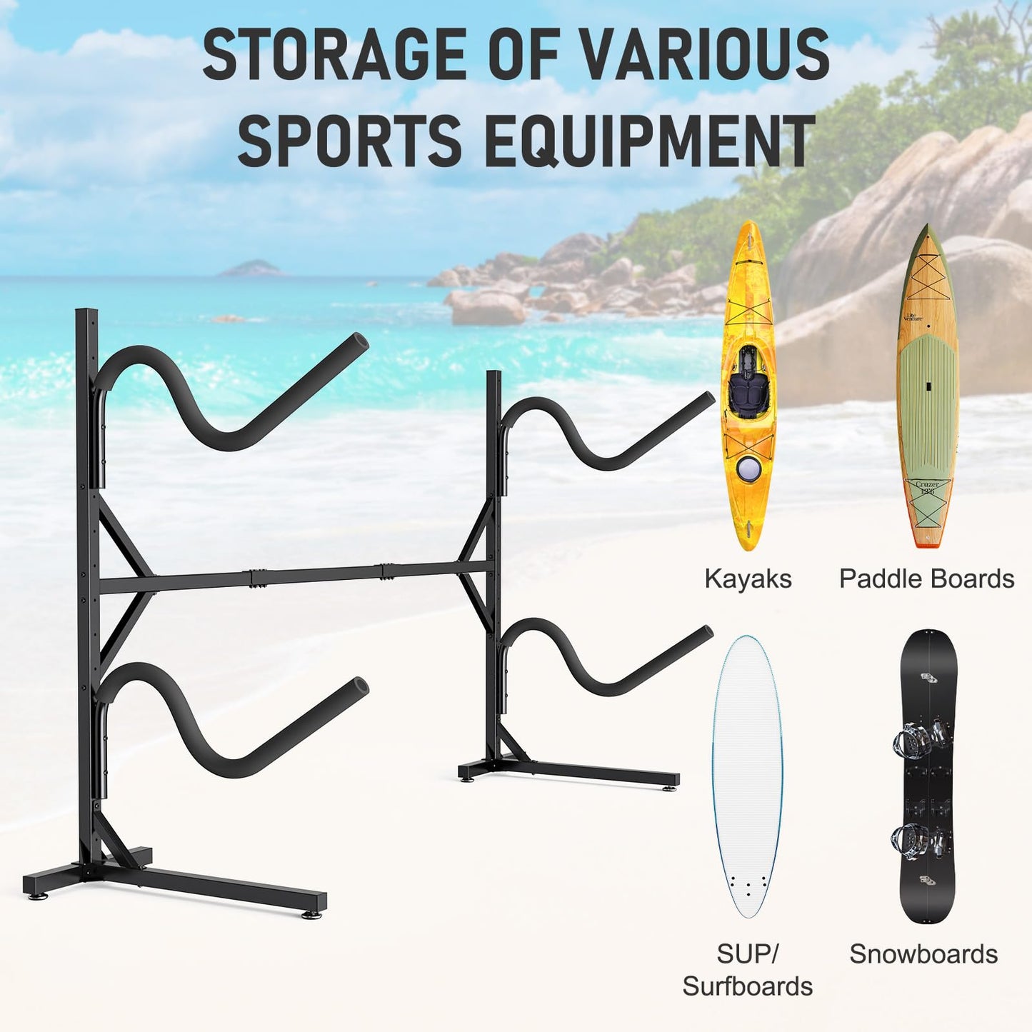 Freestanding Kayak Storage Rack, Kayak Racks for Outdoor Storage, Heavy Duty Adjustable Kayak Paddle Holder Stand for Kayak, Paddle Board, SUP, Surfboard