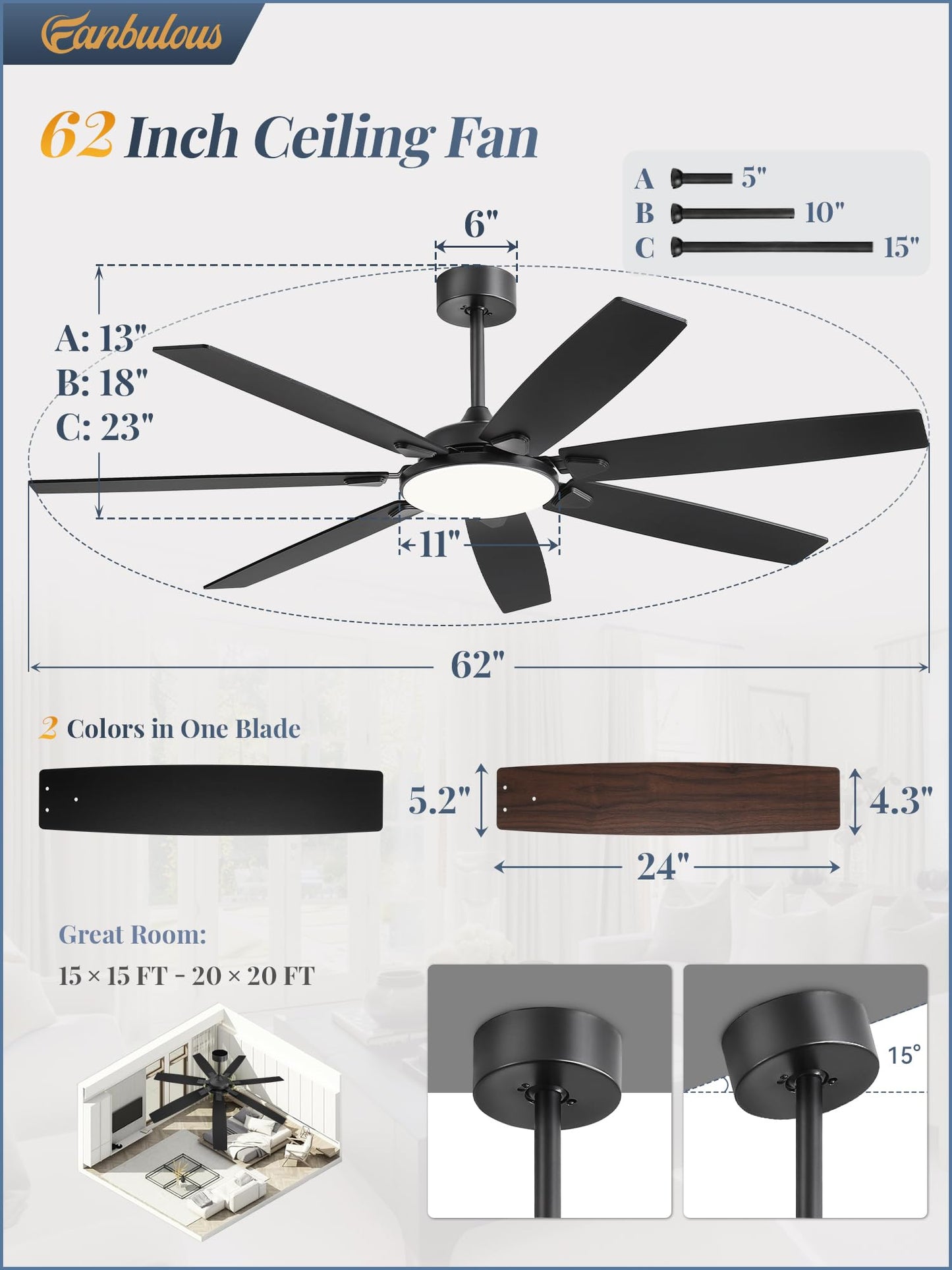 Fanbulous 62 Inch Large Ceiling Fans with Lights and Remote, Black Modern Ceiling Fan with 3CCT LED Light, Quiet DC Motor,Indoor/Outdoor Ceiling Fan with 7 Dual Finish Blades for Living Room, Patio