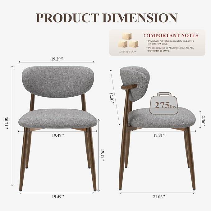 MALOL Dining Chairs Set of 6, Upholstered Dining Room Chairs with Metal Legs and Anti Slip Pads, Curved Back Kitchen Chair for Home and Restaurant Use, Light Grey