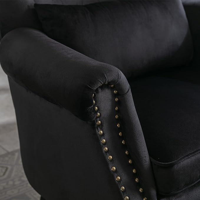 chairus Mid-Century Modern Accent Chair with Ottoman, Comfy Velvet Single Sofa Chair Button Tufted Wingback Armchair with Pillow for Living Room/Bedroom/Club - Black