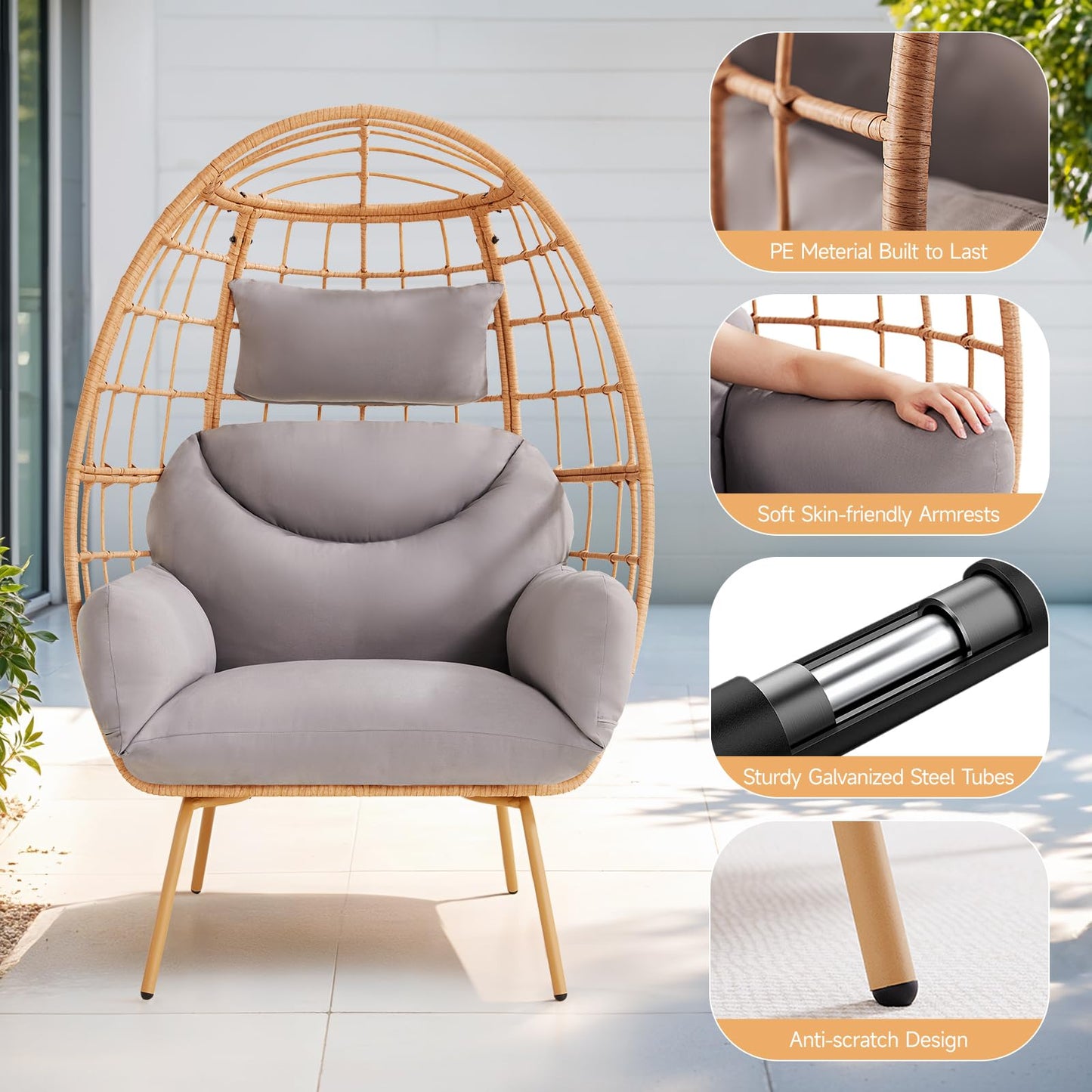 ONBRILL Oversized Egg Chair, Indoor Outdoor Egg Rattan Chair with PE Rattan, Steel Frame and Detachable Cushions, Wicker Lounger for Patio, Pool, Living Room, Bedroom - Grey