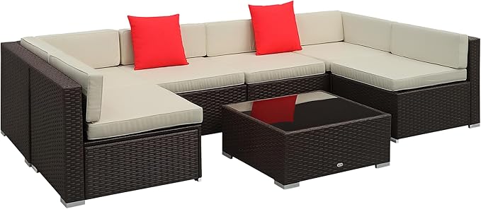 Outsunny 7-Piece Patio Furniture Set, Outdoor Wicker Conversation Set, All Weather PE Rattan Sectional Sofa Set with Cushions and Tempered Glass Top Coffee Table, Pillows, Cream White