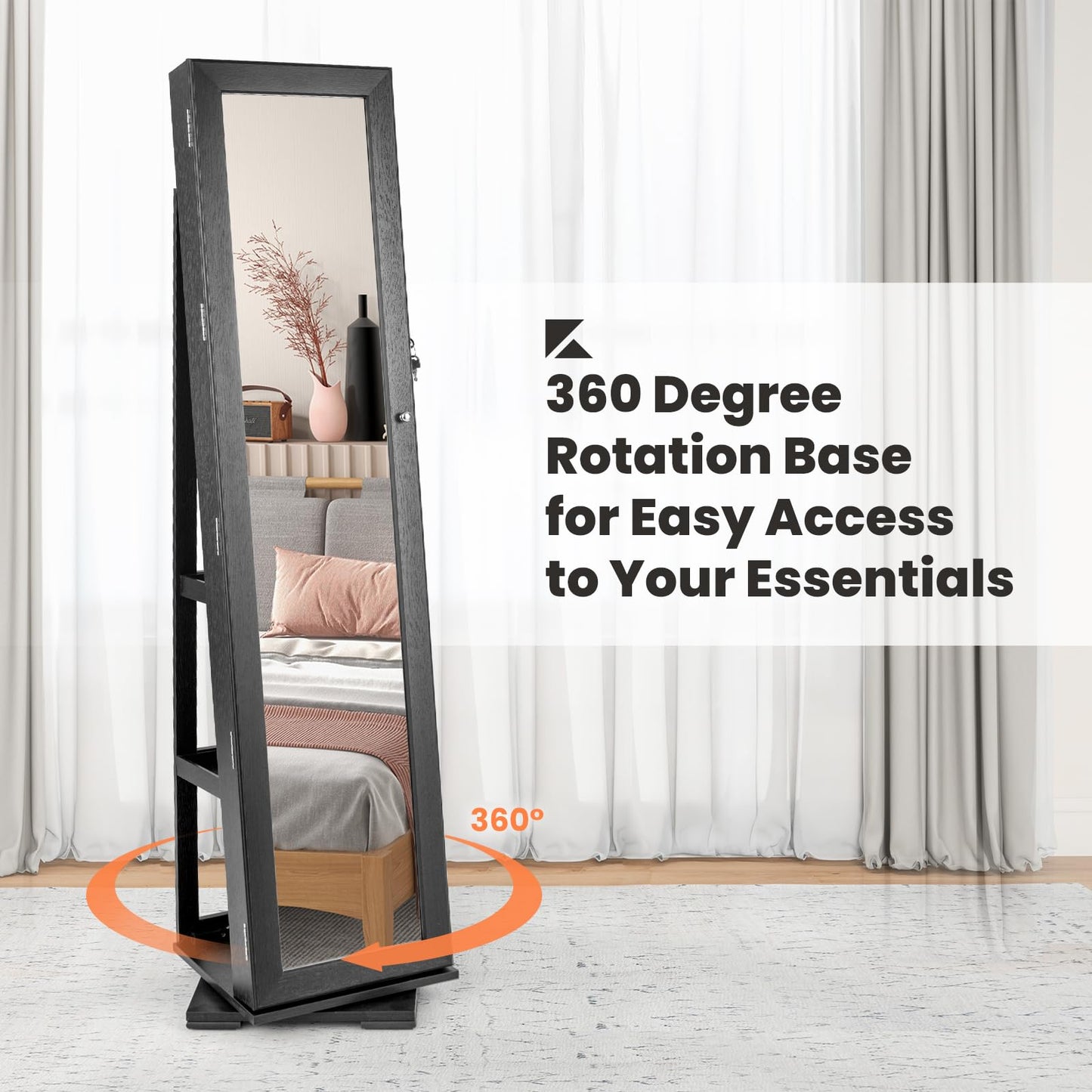 CHARMAID 360° Swivel Jewelry Armoire with Full Length Mirror, Standing Lockable Jewelry Cabinet Organizer, Large Storage Capacity, Inside Makeup Mirror, Back Storage Shelves (Black)