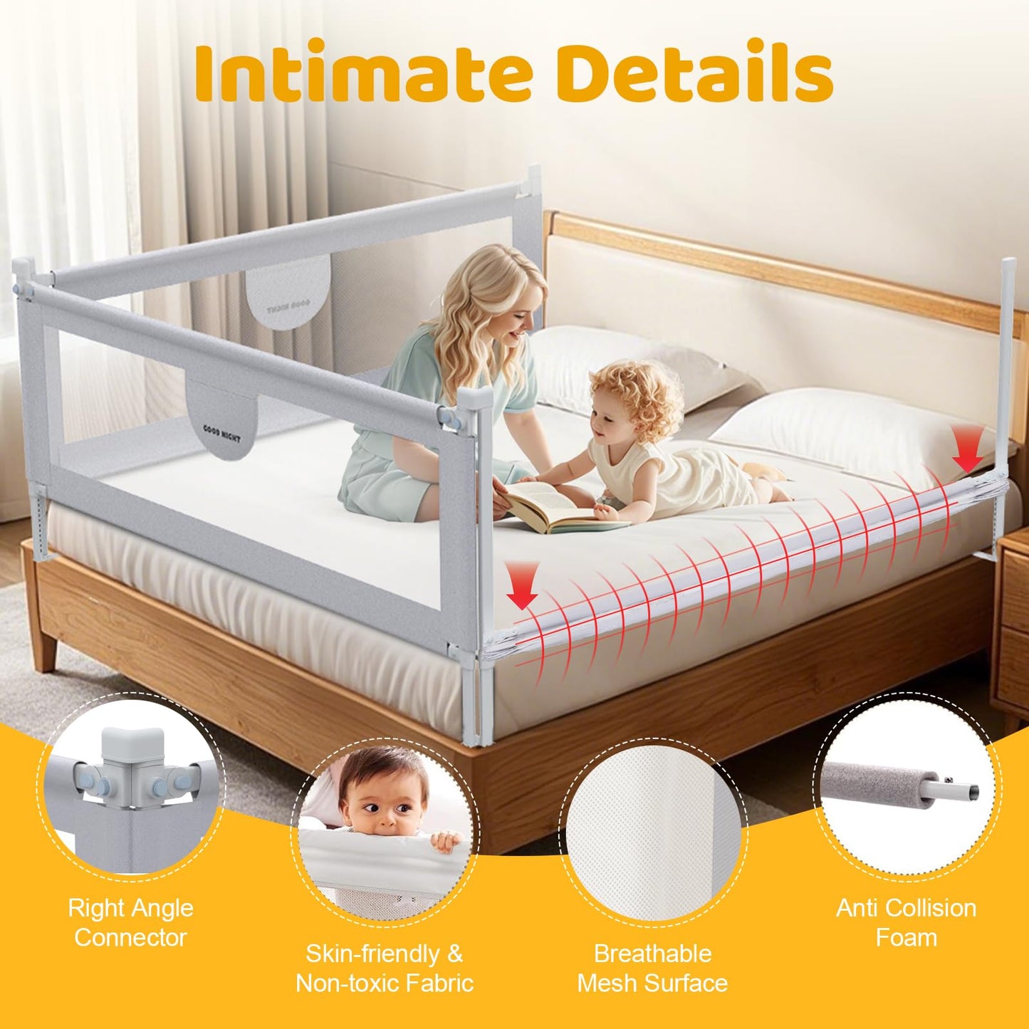 omzer Bed Rail for Toddlers - 3 Sides Safety Baby Bed Rail Guard with Child Lock, Infants Height Adjustment King Size Bed Guard Rail for Toddlers,78.74"X78.74"X74.8"