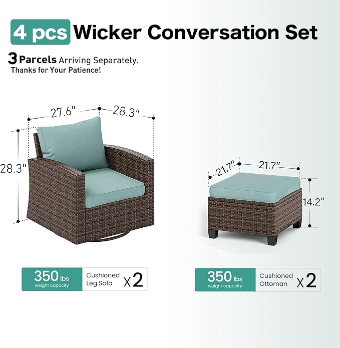 SUNSHINE VALLEY 4-Piece Patio Furniture Set with Swivel Chairs, Rattan Wicker Outdoor Furniture with 2 Swivel Glider Chairs and 2 Ottomans, Outdoor Lounge for Small Patio, All-Weather Design, Blue