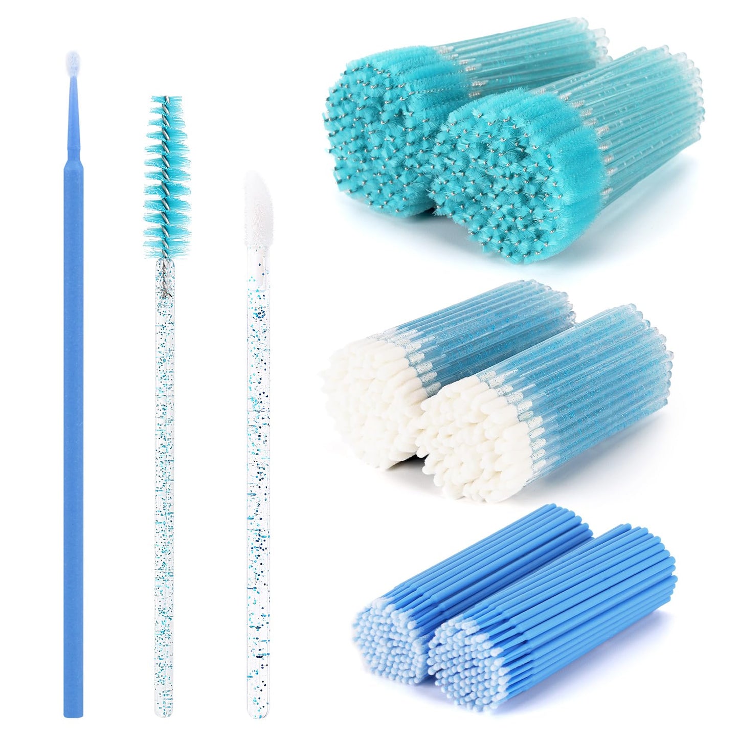 600 PCS Eyelash Extension Supplies Kit, 200 Spoolies Mascara Wands Disposable 200 Lip Brushes 200 Micro Swabs Blue Eyelash Brush