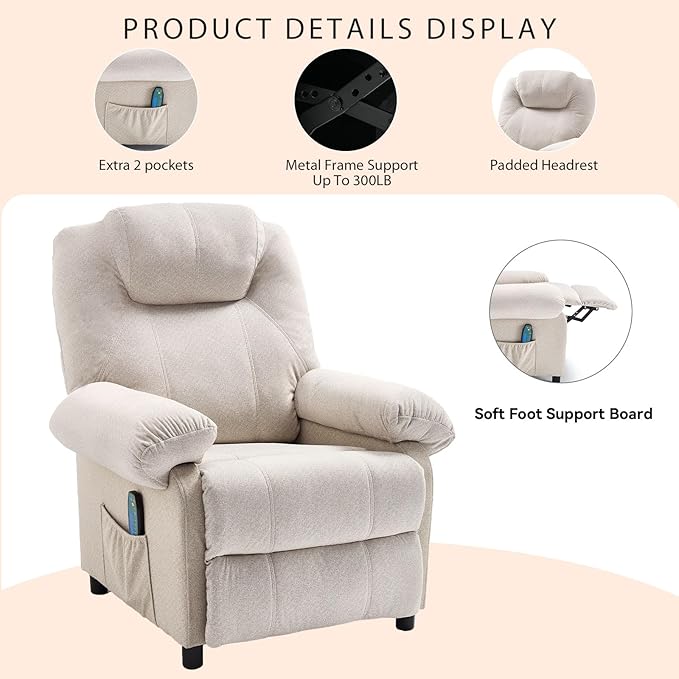 Massage Recliner Chair with Heat Small Recliners for Small Spaces Pushback Recliners Manual Reclining Chairs for Adult, Overstuffed Fabric Single Sofa with Side Pocket for Living Room,Beige